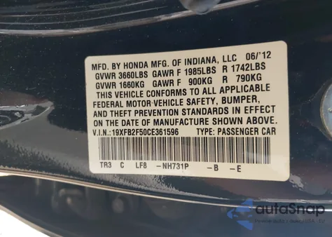 2012 Honda Civic Lx z USA, uszkodzony, nr VIN 19XFB2F50CE361596